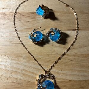 Gold-Tone Blue Wave Pendant Necklace and Earring Set